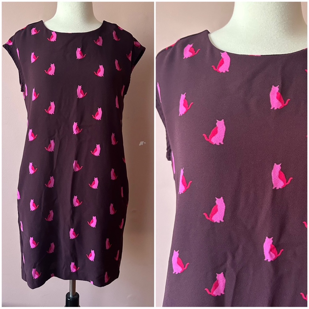 Ann Taylor Loft Novelty Kitty Cat Print Pink Shift Dress